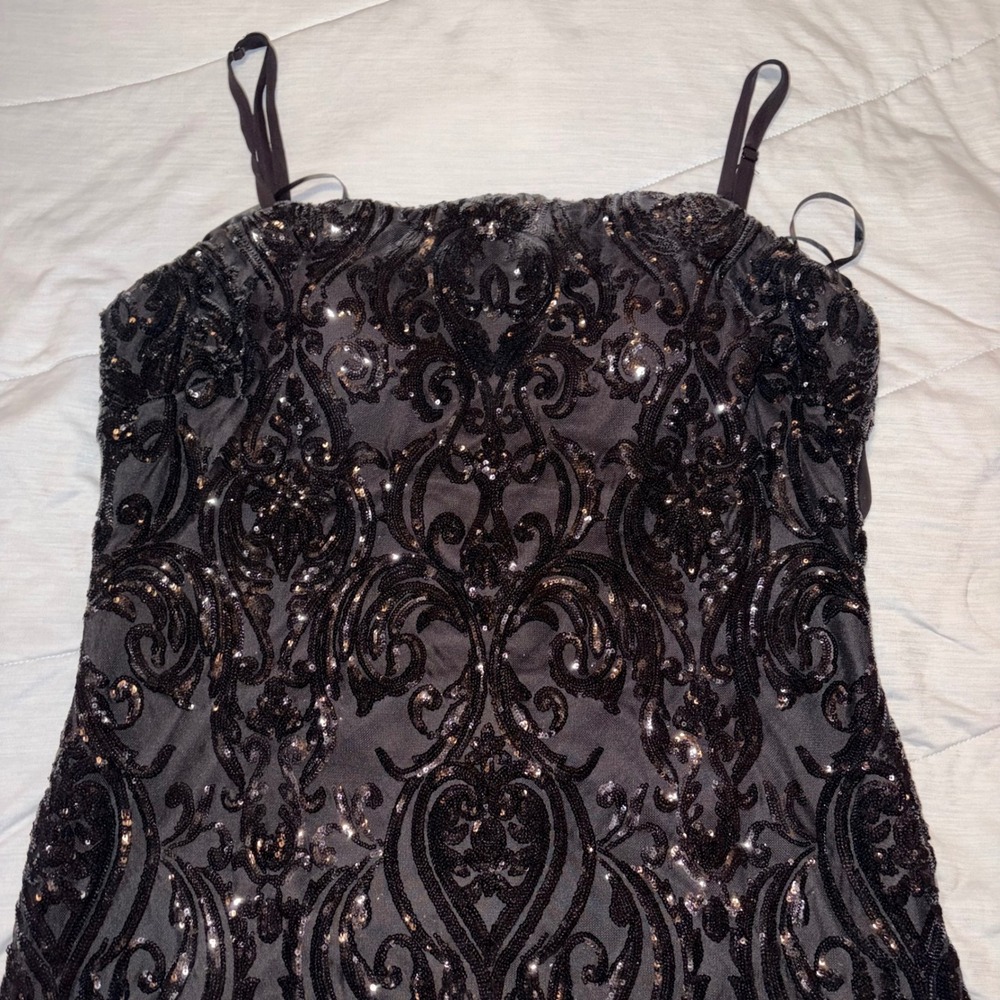 B. Darlin Black Sequin Damask Bodycon Mini Dress Open Tie Back Sleeveless 24W
